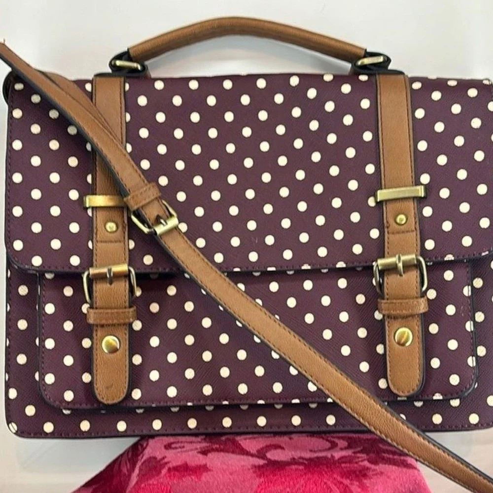 Burgundy Polka Dot Satchel Bag Tan Trim Crossbody Messenger‎ Top Handle Retro